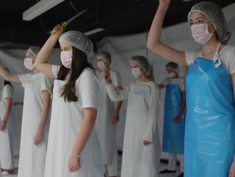 Das Foto zeigt Menschen die geschult werden zu schlachten, alle tragen Masken und Schutzkleidung.