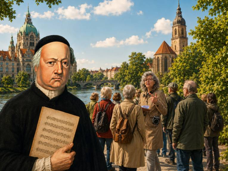 Eine Frau mit Kopfmikrofon führt eine Besuchergruppe entlang eines Flusses. Im Hintergrund ist das Neue Rathaus Hannover zu erkennen, im Vordergrund ist eine historische Darstellung von Agostino Steffani einmontiert.