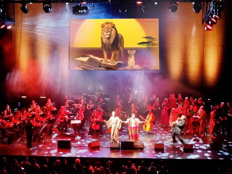 Zu sehen ist ein Orchester auf der Bühne, im Hintergrund ragt eine Leinwand, auf der ein Löwe zu sehen ist.
