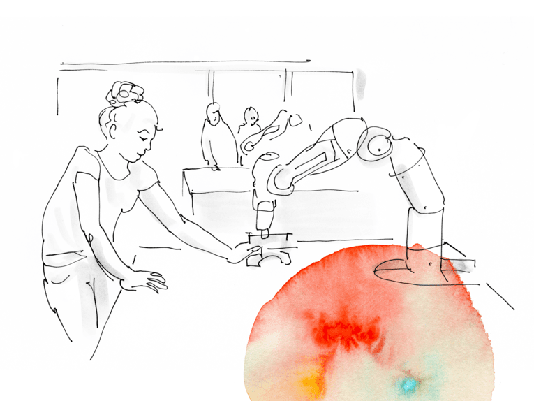 Eine weiße Zeichnung, die eine Frau an einer Maschine zeigt. Am Rand etwas rote Farbe.