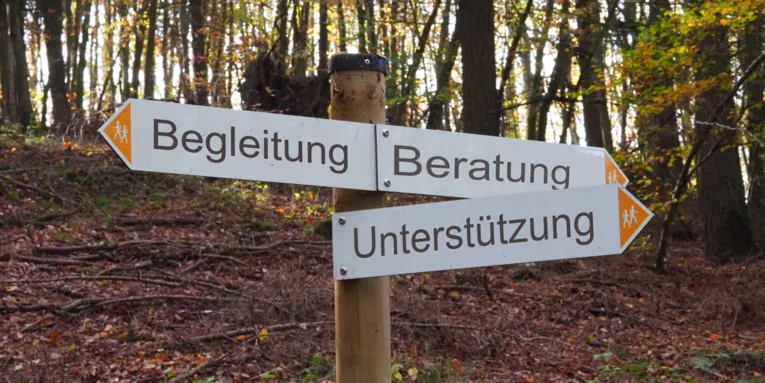 Wegweiser mit drei Schildern, darauf die Beschriftungen: 1. "Begleitung", 2. "Beratung", 3. "Unterstützung".