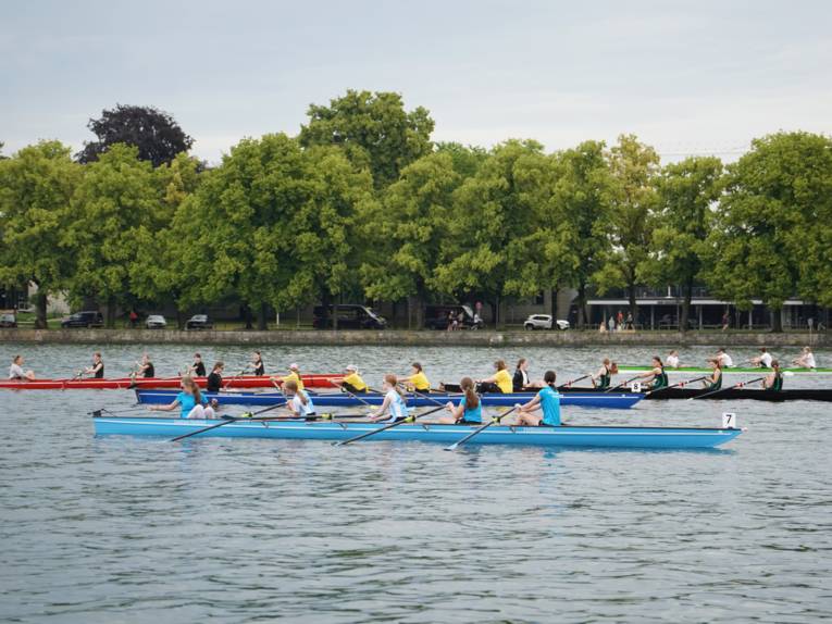 Ruderboote auf denen Menschen sitzen und über den Maschsee fahren.