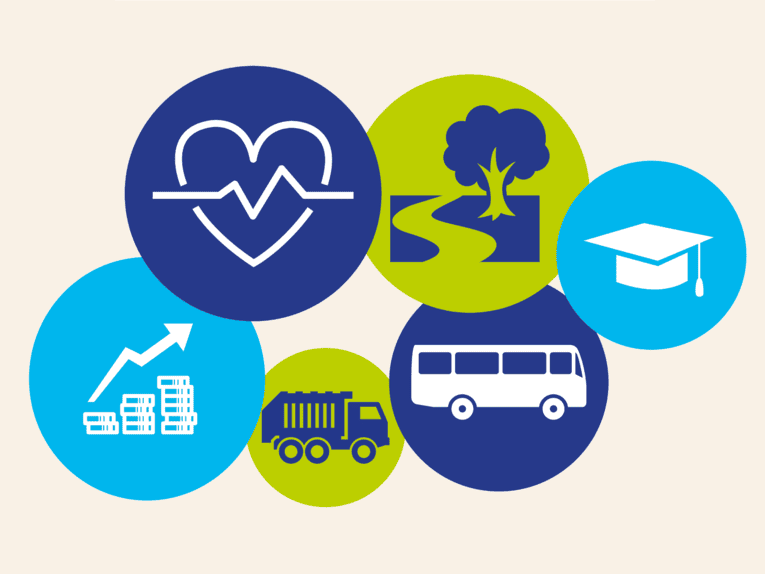 Symbole für die Leistungen der Region, z.B. Krankenhaus, Müllabfuhr, Bus