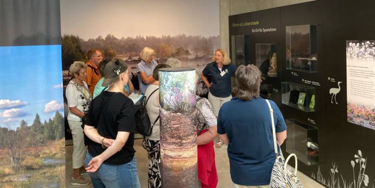 Menschen werden durch eine Ausstellung gef&uuml;hrt.