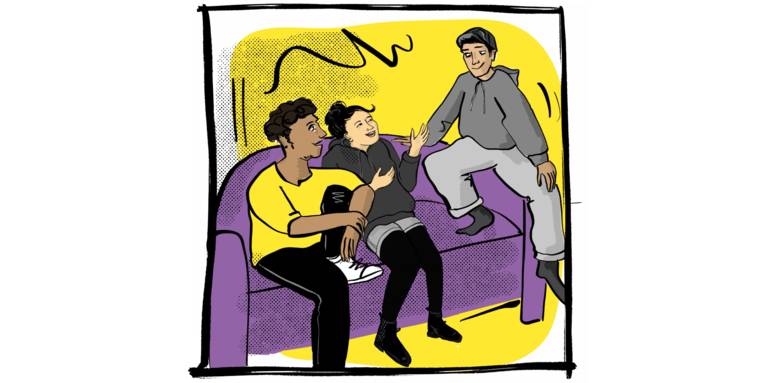 Zeichnung: Drei Personen unterhalten sich auf einem Sofa.
