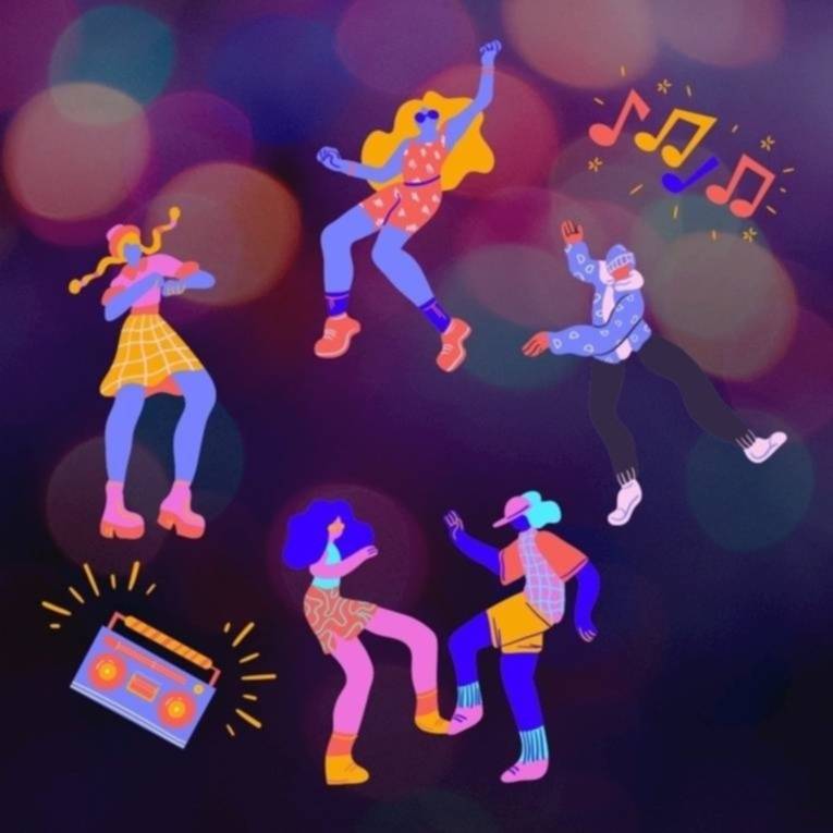 Ein gemaltes Bild mit Kinder die in einer Disco tanzen.