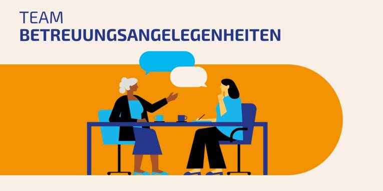 Illustration: Zwei Personen interagieren an einem Schreibtisch