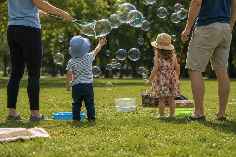 Eine Familie von hinten. Sie stehen im Park und machen Seifenblasen.