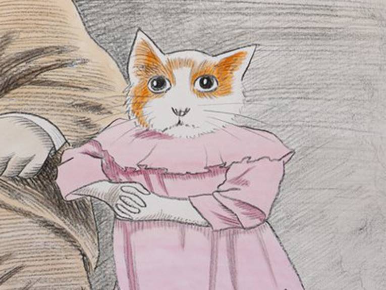 Zeichnung einer Katze im Kinderkleid