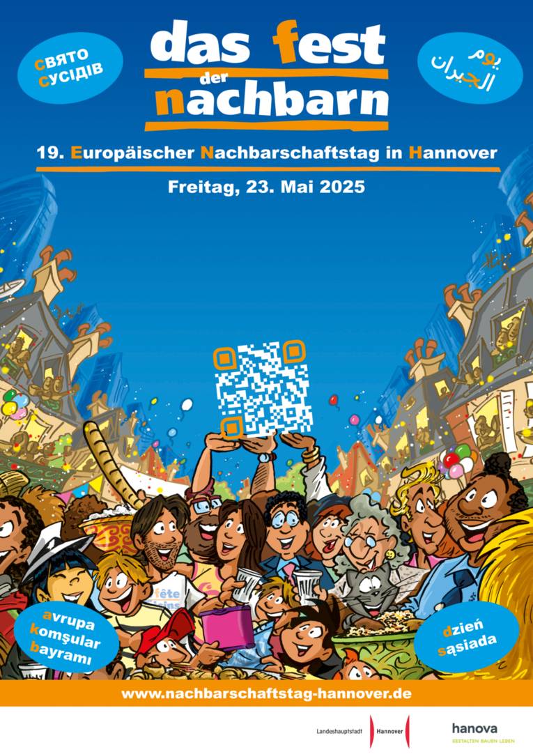 Das Plakat f&uuml;r den Nachbarschaftsttag 2025. Gezeichnete Menschen lachen und feiern, rechts und links stehen Geb&auml;ude.