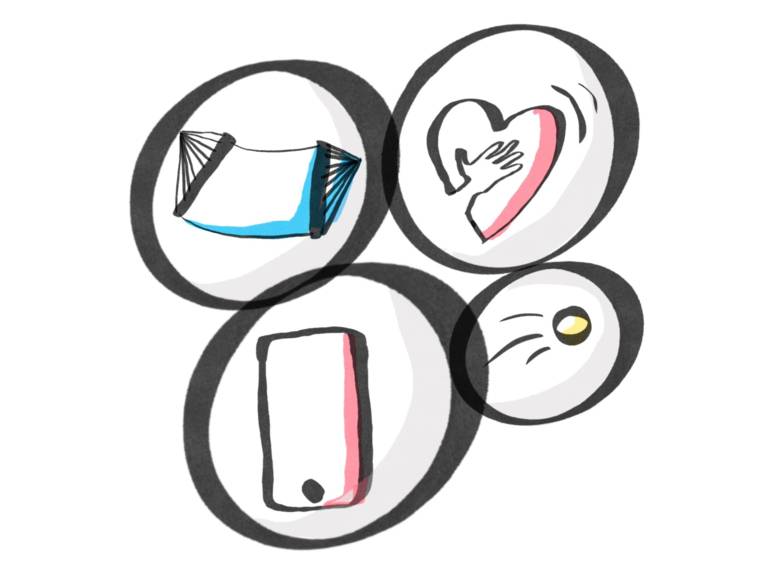 Zeichnung: Vier schwarze Ringe unterschiedlicher Größe (zwei nebeneinander und darunter noch einmal zwei) überlappen sich leicht. Darin ist jeweils ein Symbol: Hängematte, Herz, Smartphone, Auge.