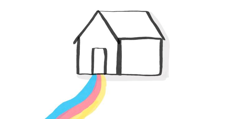 Zeichnung: Der Weg vor einem Haus besteht aus drei bunten, parallelen Streifen in den Farben Blau, Gelb und Rot.