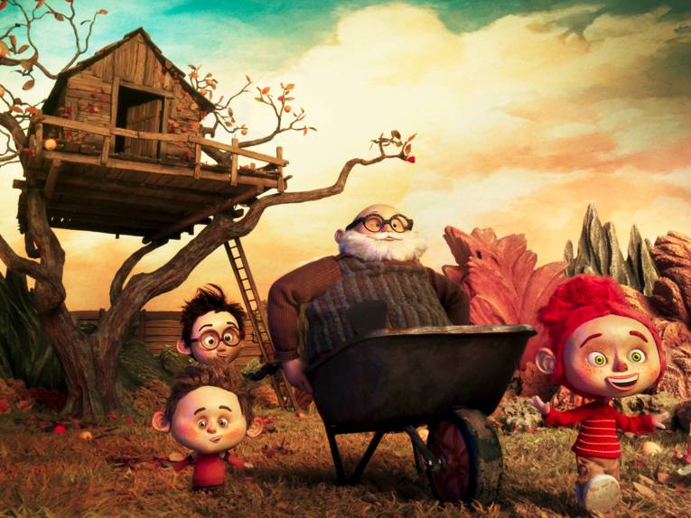 Puppenanimation:Ein Baumhaus - davor ein alter Mann und drei Kinder.