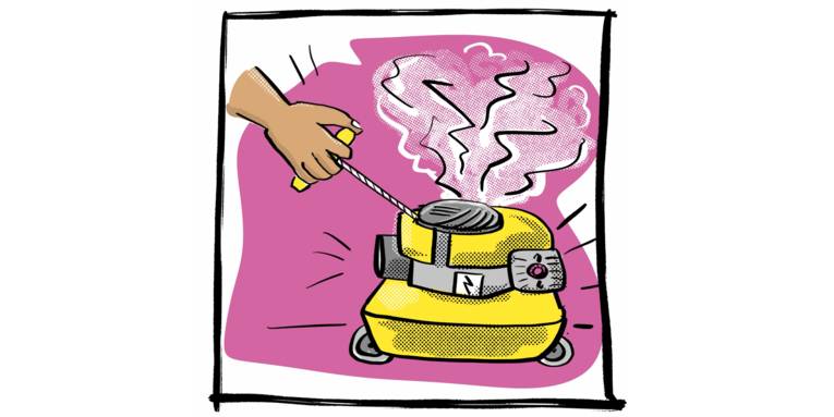Zeichnung: Eine Hand zieht an einem Zugseil, um einen Verbrennungsmotor zu starten.