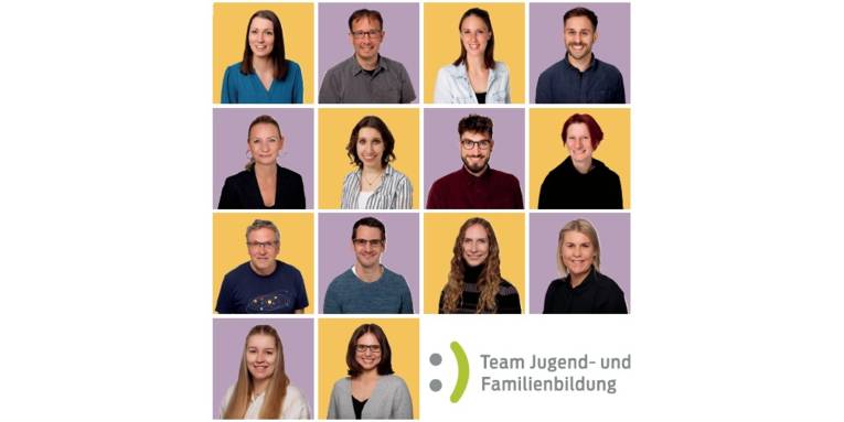 Collage aus 14 Einzelporträts von Mitarbeiter*innen des Teams Jugend- und Familienbildung der Region Hannover.
