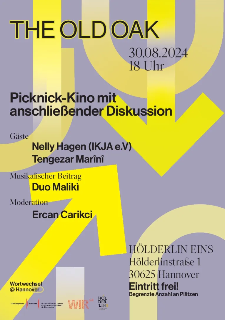 Ein Flyer mit fliederfarbenem Hintergrund und gelben Pfeilen.