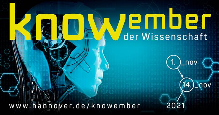 Computeranimiertes Bild eines Roboterkopfes mit Text: "knowember der Wissenschaft" und www.hannover.de/knowember