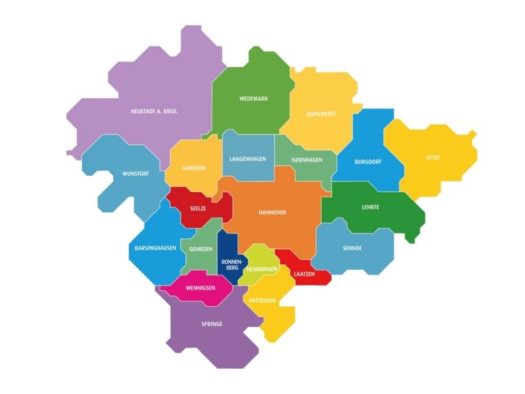 Die Karte zeigt das Gebiet der Region Hannover, das Gebiet jeder Kommune hat eine eigene Farbe.