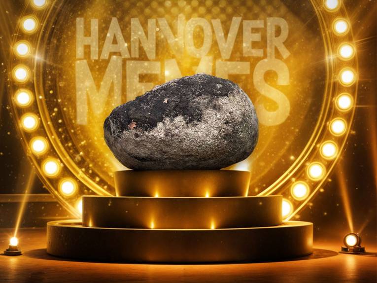 Ein Stein auf einem Podest, im Hintergrund der Schriftzug Hannover Memes