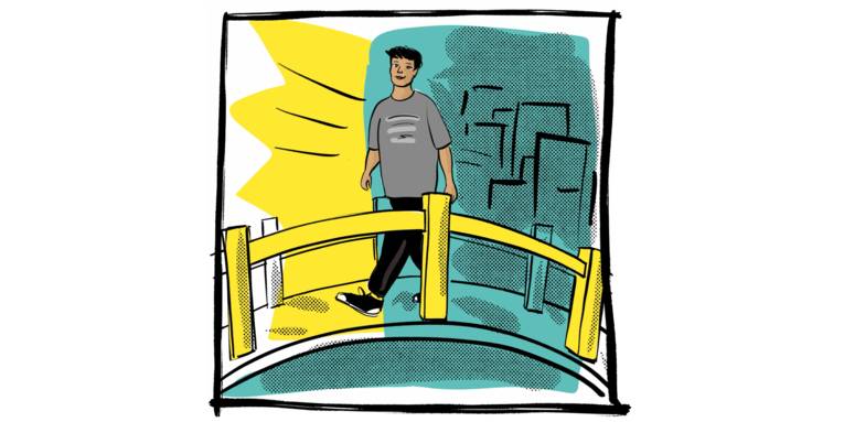 Zeichnung: Eine Person geht über eine Brücke