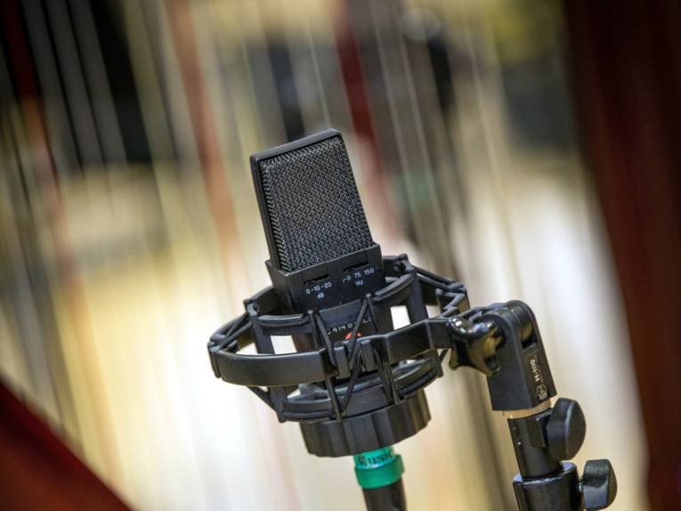 Im Vordergrund ist ein Mikrofon, festgemacht an einem Mikrofonständer, dahinter ist unscharfer Hintergrund.