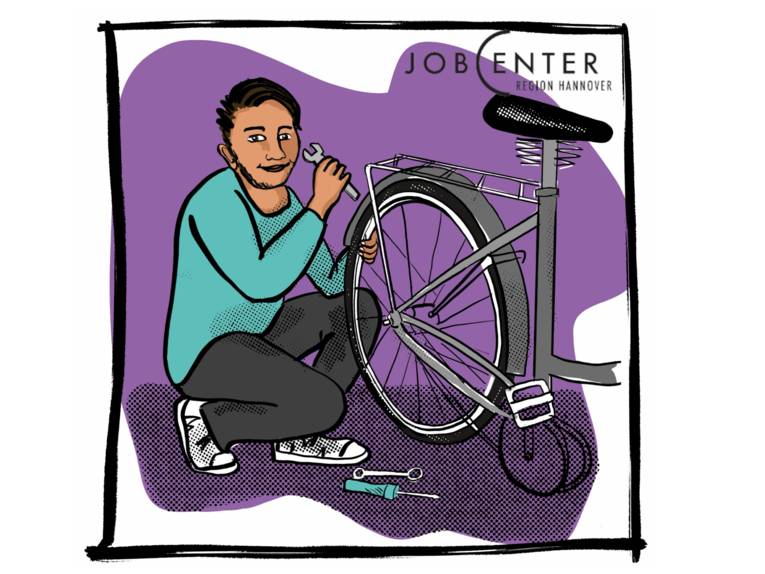 Zeichnung: Eine Person repariert ein Fahrrad