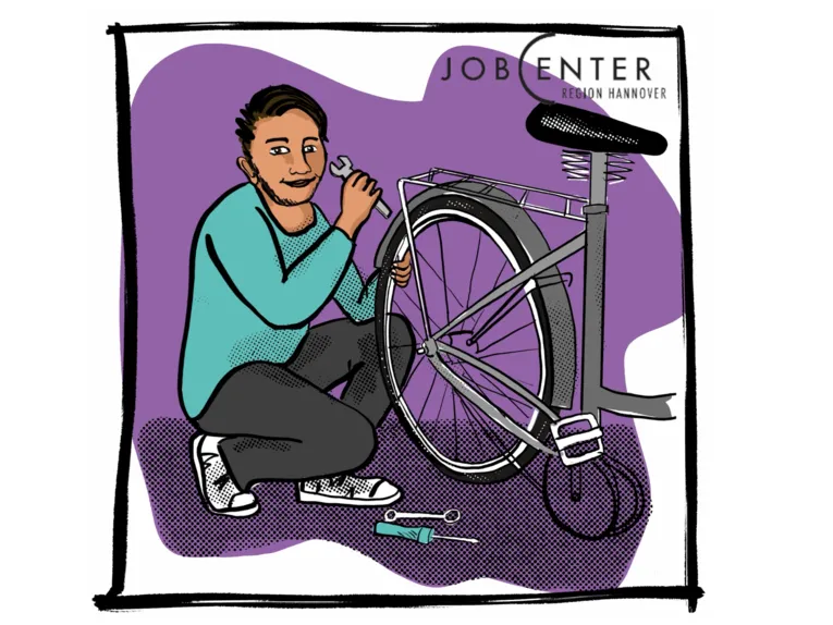 Zeichnung: Eine Person repariert ein Fahrrad