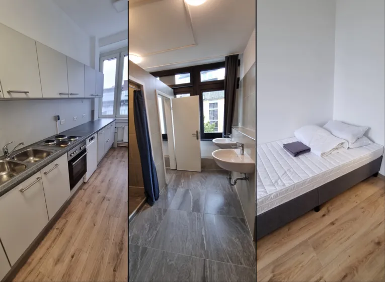 Kollage aus drei hochformatigen Bildern: links eine Küchenzeile, in der Mitte zwei Waschbecken in einem gekacheltem Raum, links eine offene Tür, davor eine Nische mit einem Duschvorhang, rechts ein Bett mit Bettzeug.
