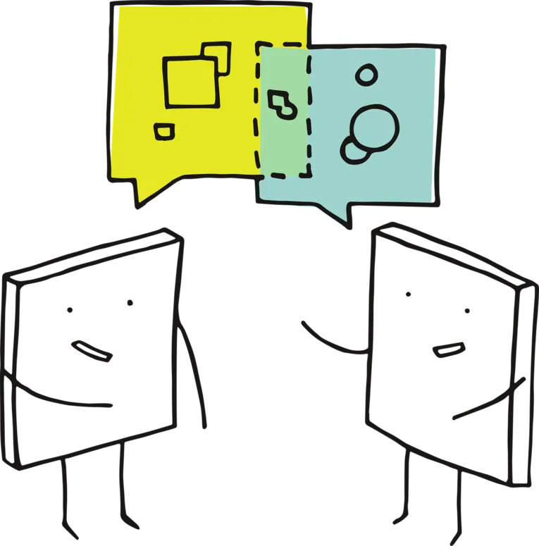 Illustration: zwei Strichmännchen finden im Dialog eine gemeinsame Schnittmenge