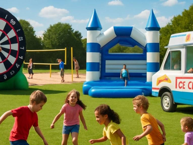 Zu sehen ist ein KI generiertes eines Open-Air-Kinderfestes mit spielenden Kindern, einer Hüpfburg und anderen Aktivitäten.