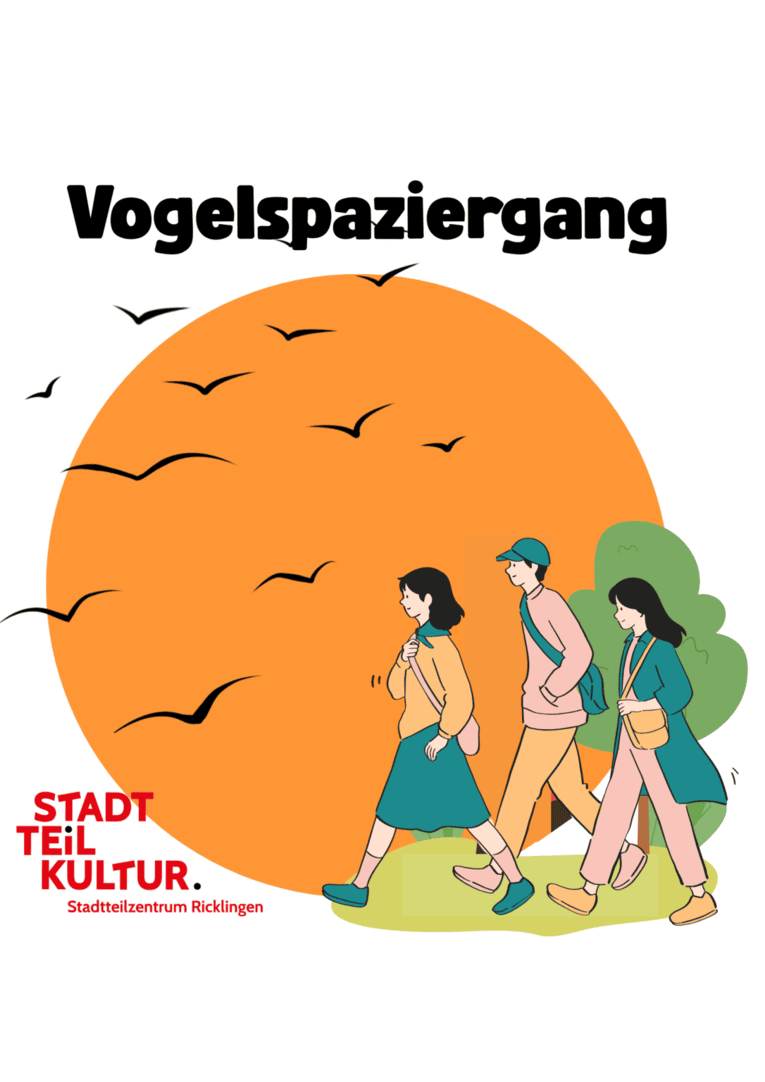 Ein Mensch geht spazieren, vor einem orangenen Kreis mit einer Menge Vogel.