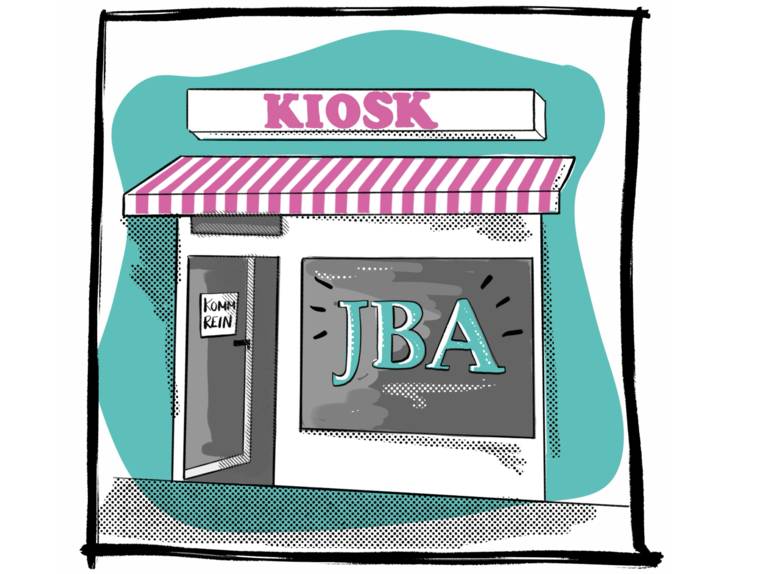 Zeichnung: Über einem Laden steht "Kiosk" und im Schaufenster "JBA"
