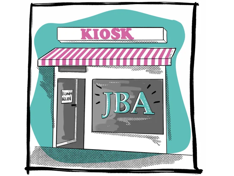 Zeichnung: Über einem Laden steht "Kiosk" und im Schaufenster "JBA"
