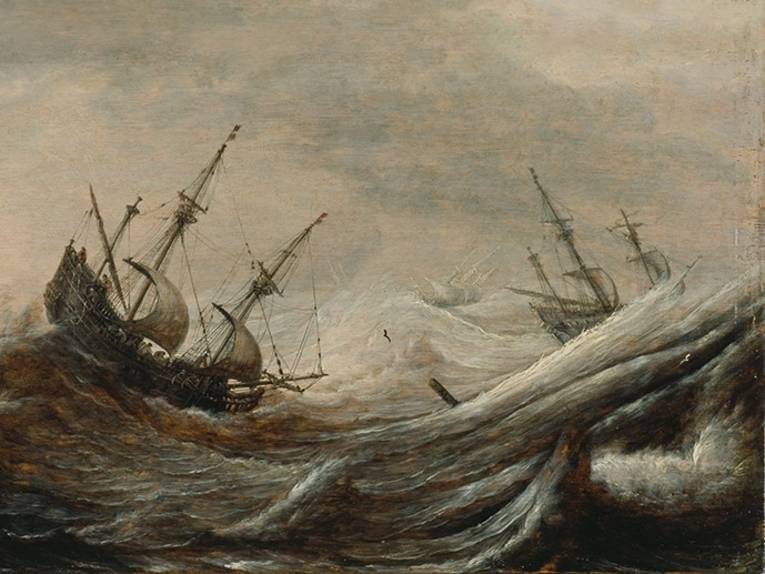 Zu sehen ist eine Seelandschaft eines stürmischen Meeres, auf dem zwei Schiffe den Elementen ausgesetzt sind.