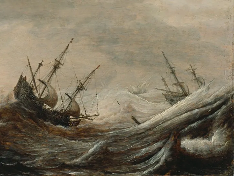 Zu sehen ist eine Seelandschaft eines stürmischen Meeres, auf dem zwei Schiffe den Elementen ausgesetzt sind.