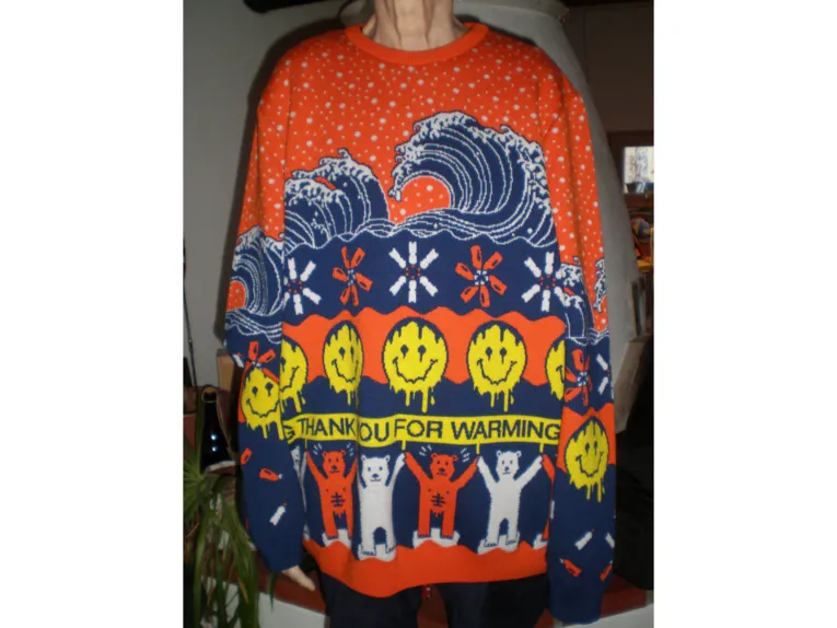 Eine Person in einem Strickpulli, auf dem sich Eisbären in ironischer Weise für den Klimawandel bedanken.