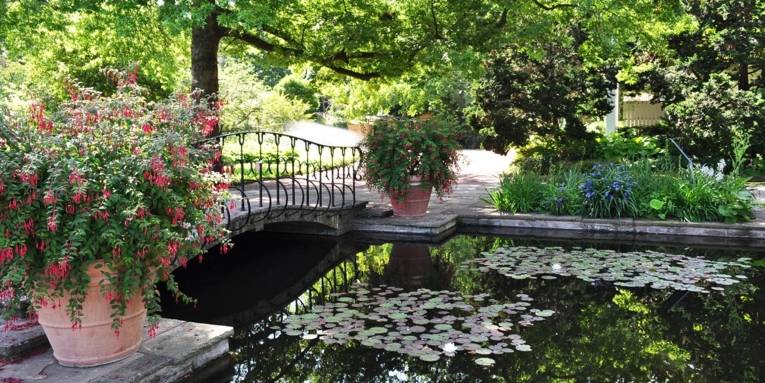 Über Rhododendren und ein Wasserbecken blickt man auf eine Statue, die auf einem gepflegten Rasen im Stadtpark steht.