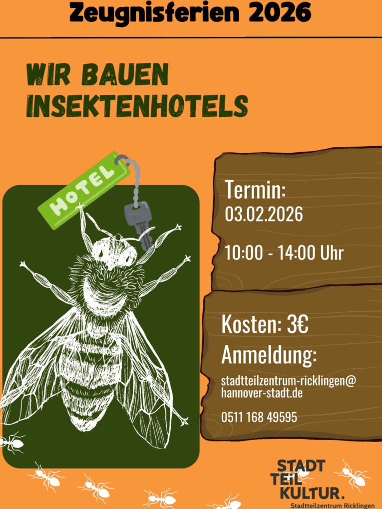Ein Bild von einer Biene die einen Schlüssel für ein Hotel hält. Neben ihr sind Informationen zur Veranstaltung.