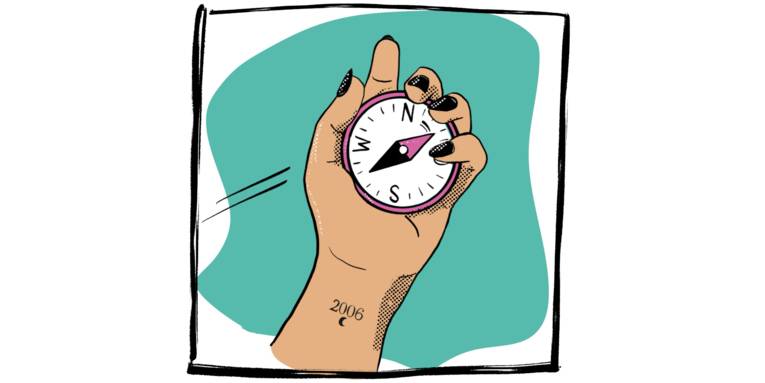 Zeichnung: Eine Hand hält einen Kompass