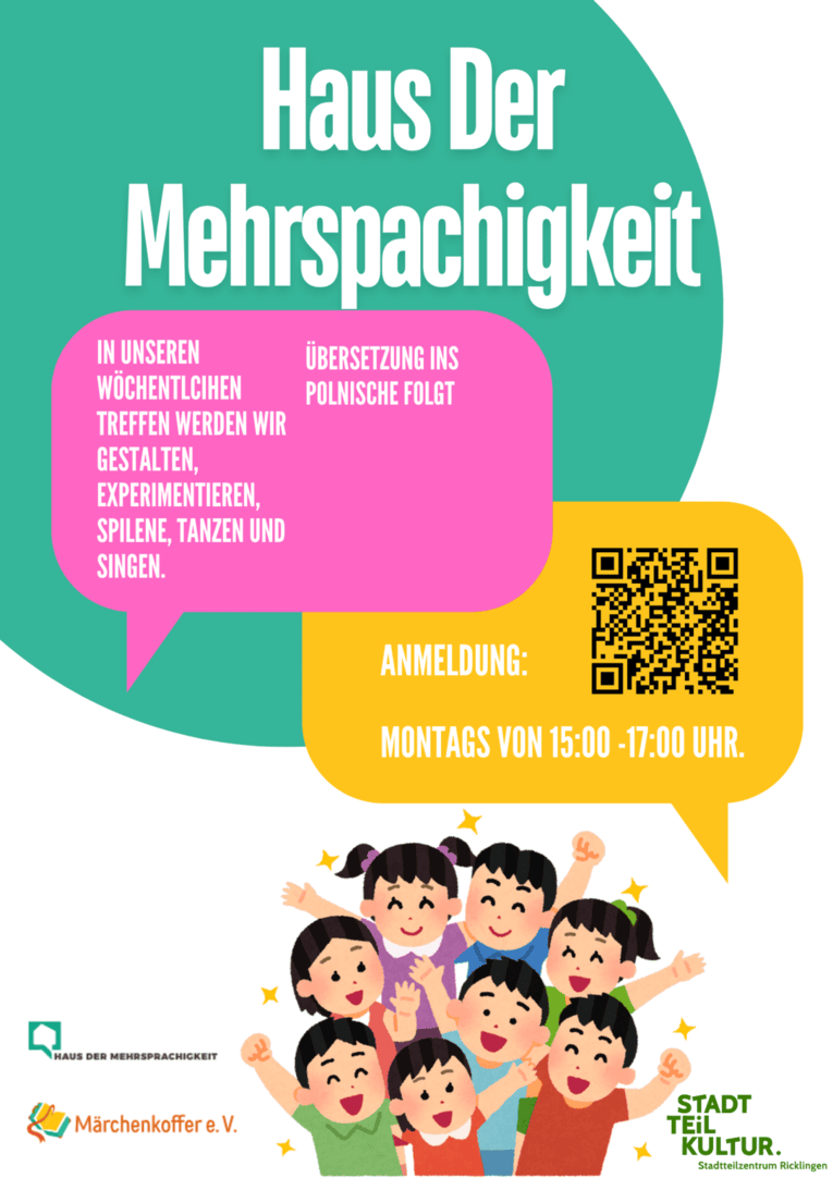 Der Titel: " Haus der Mehrsprachlichkeit", steht oben in großer Schrift auf einem Kreis. Darunter steht eine Beschreibung mit Informationen zur Veranstaltung und Anmeldung. Darunter ist eine Gruppe gezeichneter Kinder, welche sich freuen.