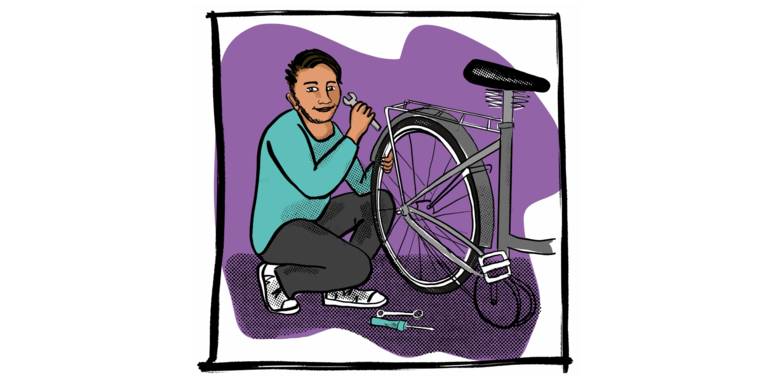 Zeichnung: Eine Person repariert ein Fahrrad