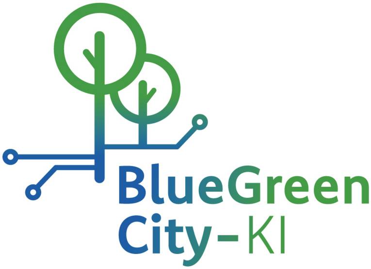 Das BlueGreenCity-KI-Logo &ndash; ein stilisierter Schriftzug in gr&uuml;ner und blauer Farbe.
