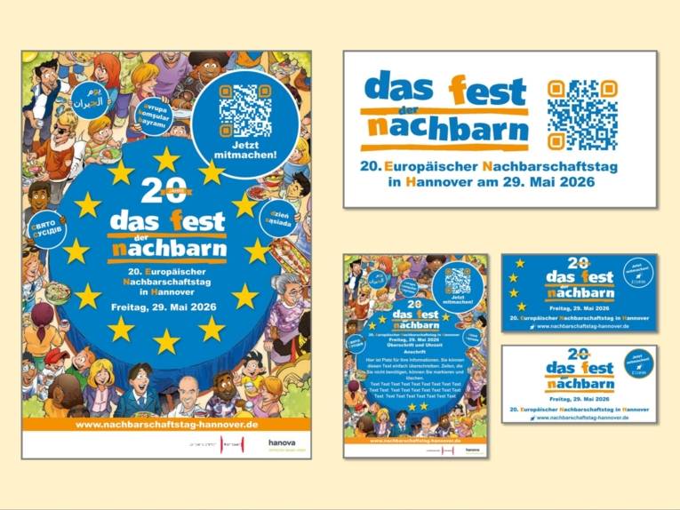 Auf einem hellgelben Hintergrund sind ein buntes Poster, ein buntes Blatt und drei Grafik-Dokumente zu sehen mit dem Titel Das Fest der Nachbarn.