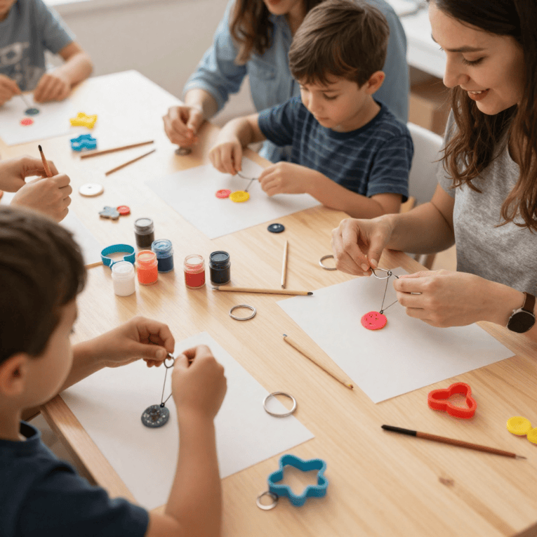 Menschen sitzen an einem Tisch und basteln Anhänger aus Salzteig.