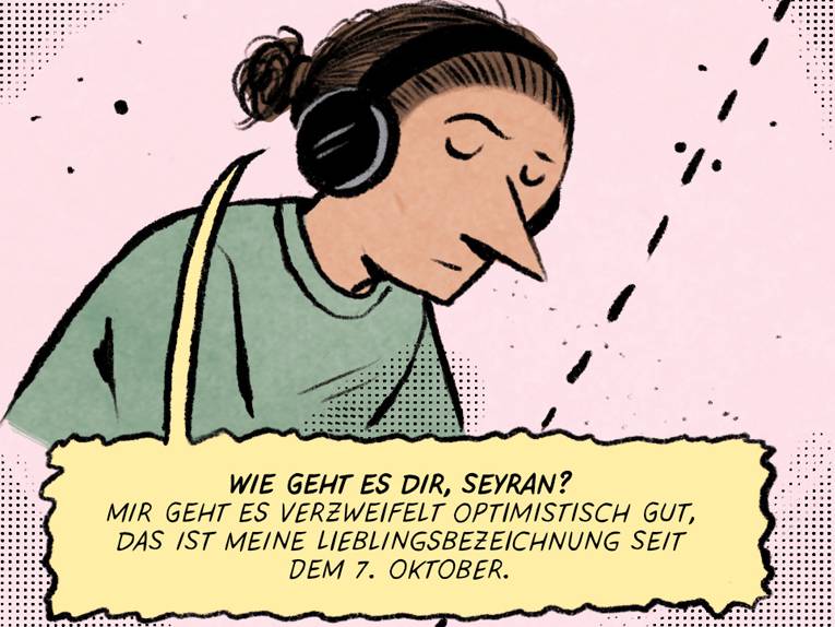 Ein gezeichneter Junge mit Kopfhörern mit einer Sprechblase