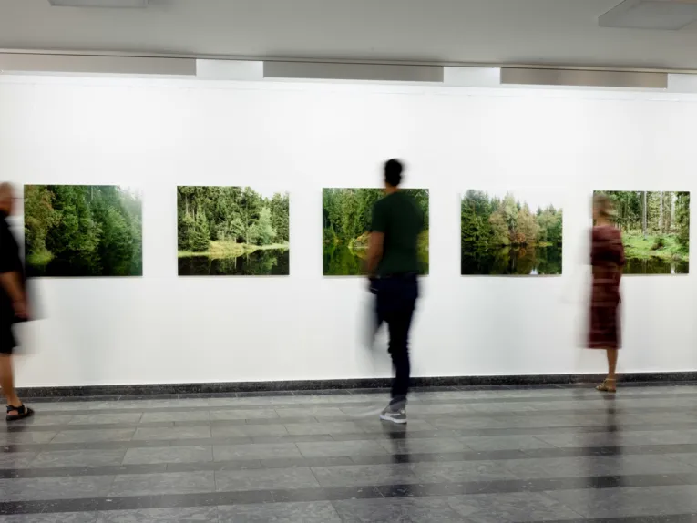 Landschaftsbilder mit Teichen und W&auml;ldern h&auml;ngen nebeneinander an einer wei&szlig;en Wand. Besucherinnen und Besucher dieser Kunstausstellung im Regionshaus sind durch ihre Bewegungen unscharf abgelichtet.