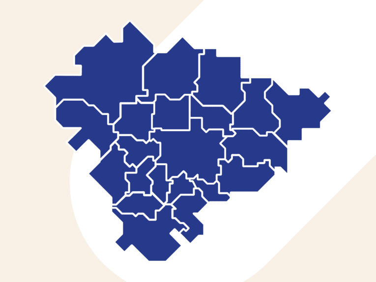 Karte mit den Umrissen aller 21 Kommunen der Region Hannover.
