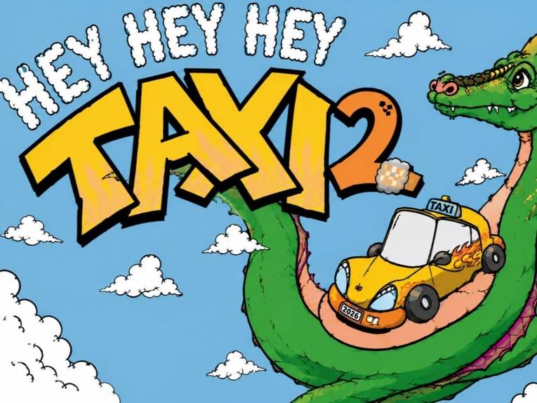 Zu sehen ist eine Illustration zum Theaterstück "Hey, hey, hey Taxi! 2" vom moa theater. Daraus zu sehen ist ein Drache in den Lüften, auf dem nach oben schauen Bauch ist ein Retro-Taxi zu sehen.