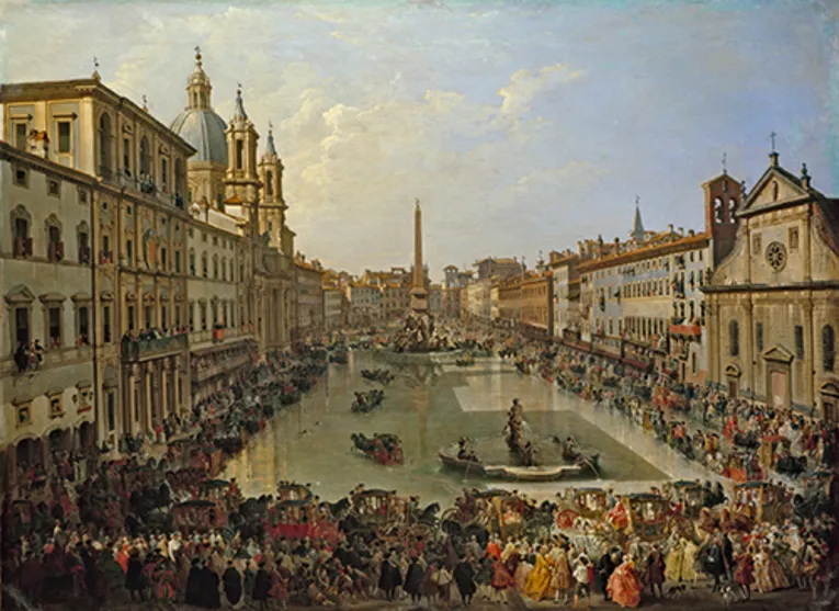 Das Bild zeigt das Kunstgem&auml;lde des Malers Giovanni Paolo Pannini und tr&auml;gt den Namen "Piazza Navona unter Wasser gesetzt"