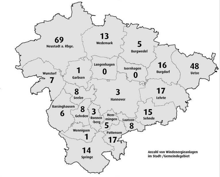 Schematische Darstellung der Region Hannover auf der die Anzahl der Windenergie-Anlage pro Kommune Stand September 2024 eingetragen ist